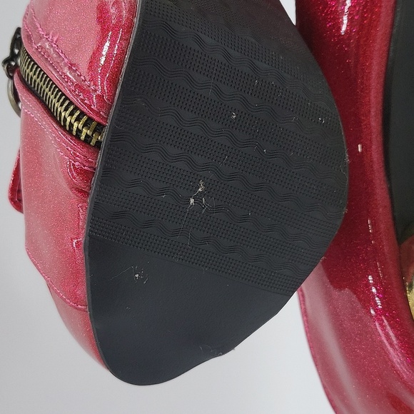 37- Show Story Skull Heel Pink Glitter Platform Heels Sz 10 Open Toe Studded - Picture 11 of 14